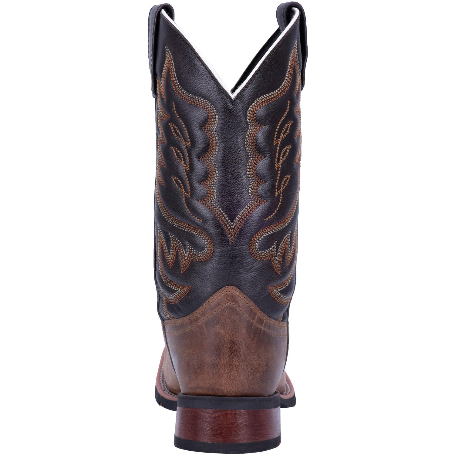 A heel view of a men's Laredo brand square toe cowboy boots with a brown and black design.