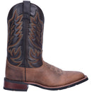 A side view of a men's Laredo brand square toe cowboy boots with a brown and black design.