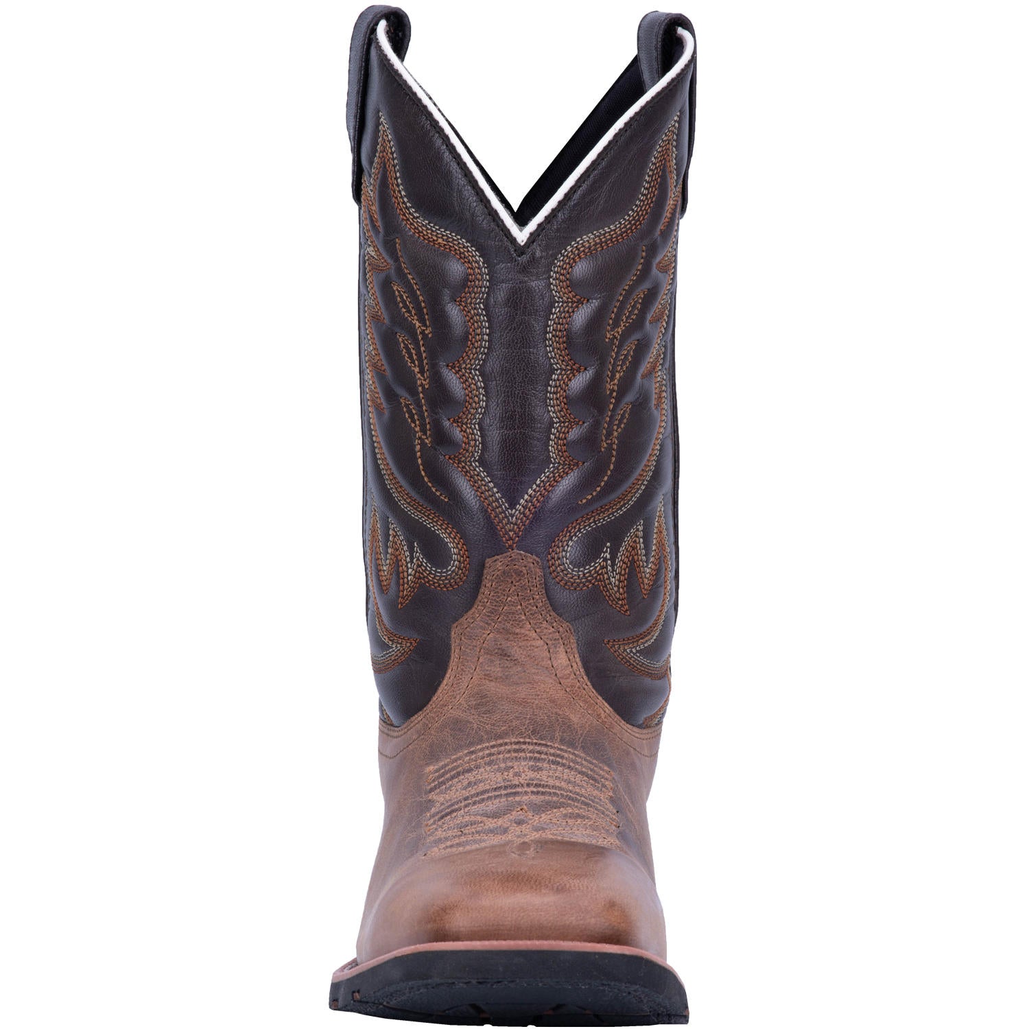 A front view of a men's Laredo brand square toe cowboy boots with a brown and black design.