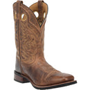 A profile view of a men's Laredo 7812 11 inch brown leather square toe boot with intricate stitch detailing.