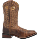 A side view of a men's Laredo 7812 11 inch brown leather square toe boot with intricate stitch detailing.