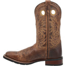 A instep side view of a men's Laredo 7812 11 inch brown leather square toe boot with intricate stitch detailing.