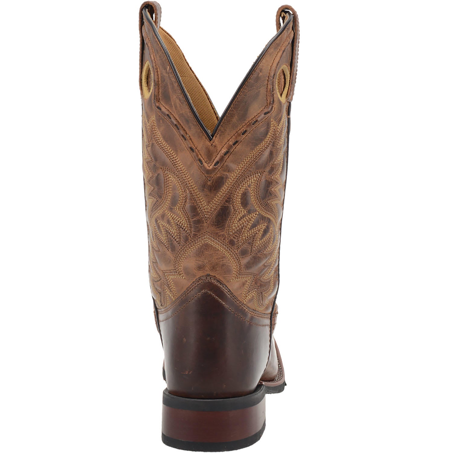 A heel view of a men's Laredo 7812 11 inch brown leather square toe boot with intricate stitch detailing.
