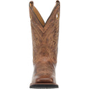 A toe view of a men's Laredo 7812 11 inch brown leather square toe boot with intricate stitch detailing.