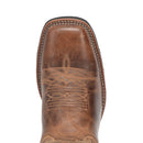 A toe profile view of a men's Laredo 7812 11 inch brown leather square toe boot with intricate stitch detailing.
