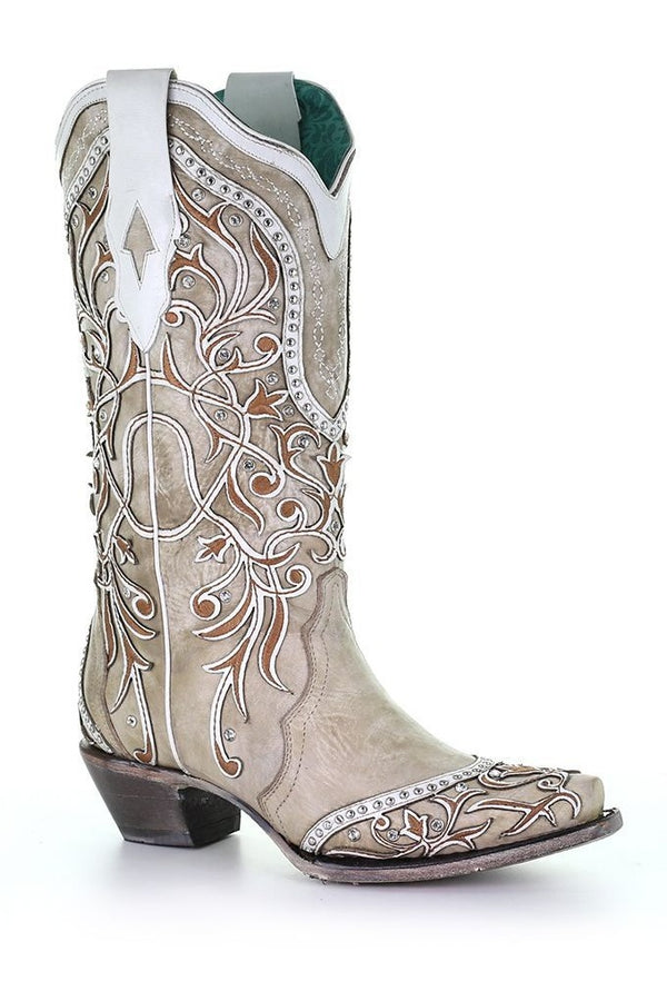 Women's Corral A3837 13" White Overlay & Embroidery with Studs & Crystals Snip Toe (SHOP IN-STORE TOO)