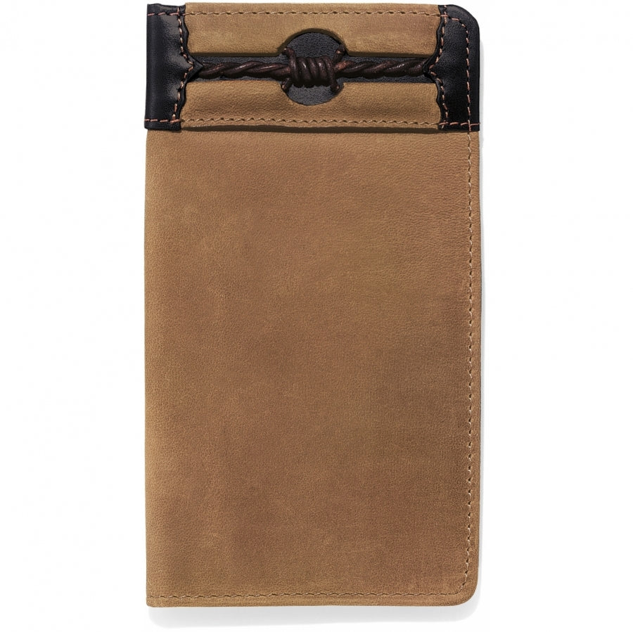 Men's Western style brown leather checkbook wallet with barb wire detail. Front view.