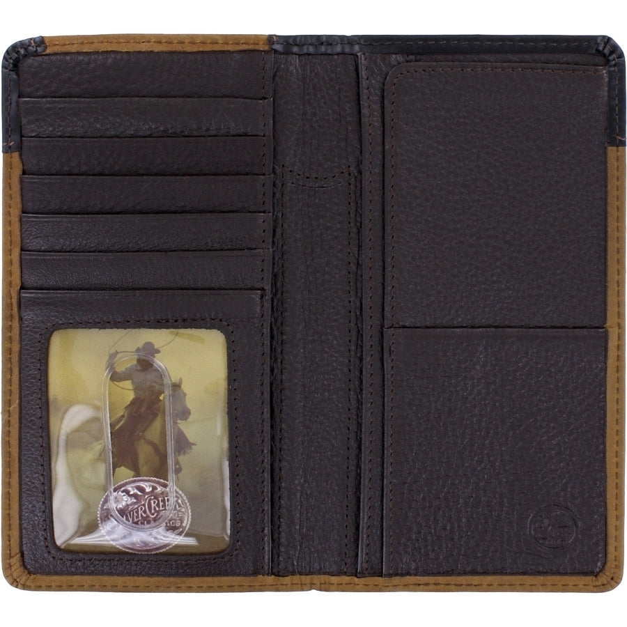 Men's Western style brown leather checkbook wallet with barb wire detail. Inside view shows:
6 credit card slots
1 ID pocket with clear front
2 cash slots
