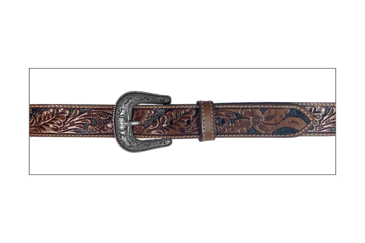 A flat view of a brown floral hand tooled leather belt with a silver removable buckle.
