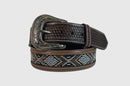A brown Crazy Horse leather belt with faux beading, basket weave tooled end tabs, and a silver-tone removable Western buckle.