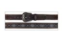 A flat view of a brown Crazy Horse leather belt with faux beading, basket weave tooled end tabs, and a silver-tone removable Western buckle.