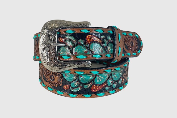 Women's Roper 8849790 Brown Belt Painted with Cactus Flowers