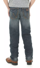 Back view of a pair of Wrangler Retro® slim fit straight leg jeans for little boys and toddlers with a high-rise waist and a straight leg.