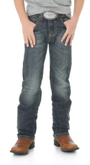 Front view of a pair of Wrangler Retro® slim fit straight leg jeans for little boys and toddlers with a high-rise waist and a straight leg.