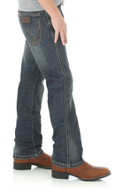 Side view of a pair of Wrangler Retro® slim fit straight leg jeans for little boys and toddlers with a high-rise waist and a straight leg.