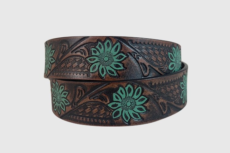 A women's brown leather belt with turquoise painted flowers.