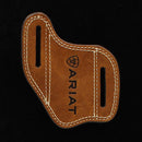 A medium brown leather knife sheath sleeve with black embossed Ariat Signature Logo and double contrast stitching.