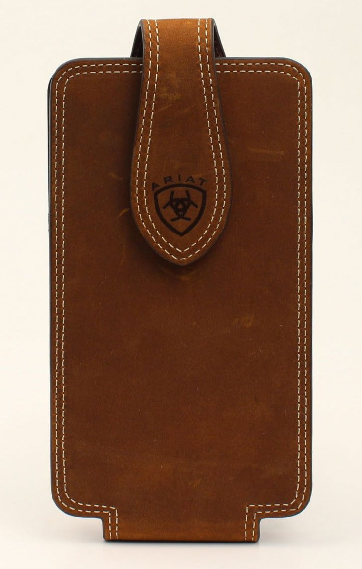 A medium brown leather cell phone case with double stitched edges and a silver Ariat stamped logo on tab. Front view.