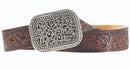 A women's Ariat belt with a brown embossed strap and an ornate silver tone buckle.