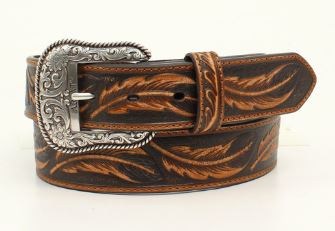 A tan leather belt with an embossed leaf design and a silver tone etched Ariat buckle.