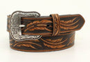 A tan leather belt with an embossed leaf design and a silver tone etched Ariat buckle.