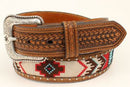 A belt with a Southwestern Aztec design, featuring a bright colored fabric center with dome nail heads along the edges, embossed tabs accented with round concho, and an etched buckle with the Ariat signature logo.