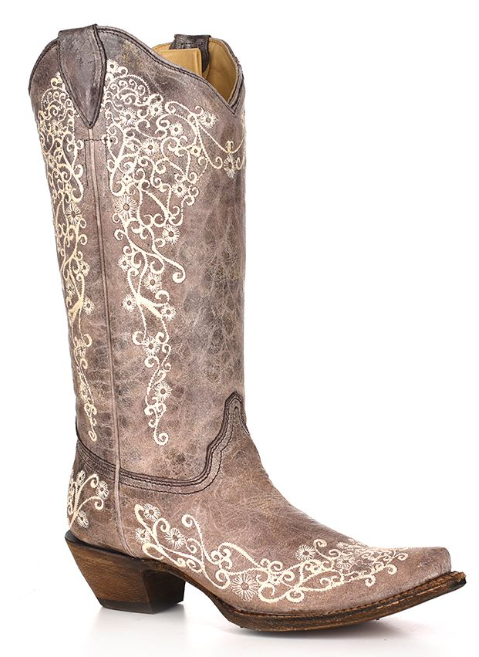 Women's Corral A1094 13" Brown Crater Bone Embroidery Snip Toe (SHOP IN-STORES TOO)