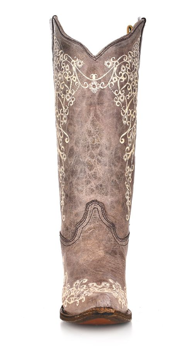 Women's brown leather snip toe boot with bone embroidery design. Front View 