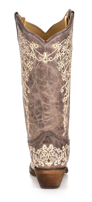 Women's brown leather snip toe boot with bone embroidery design. Rear View 