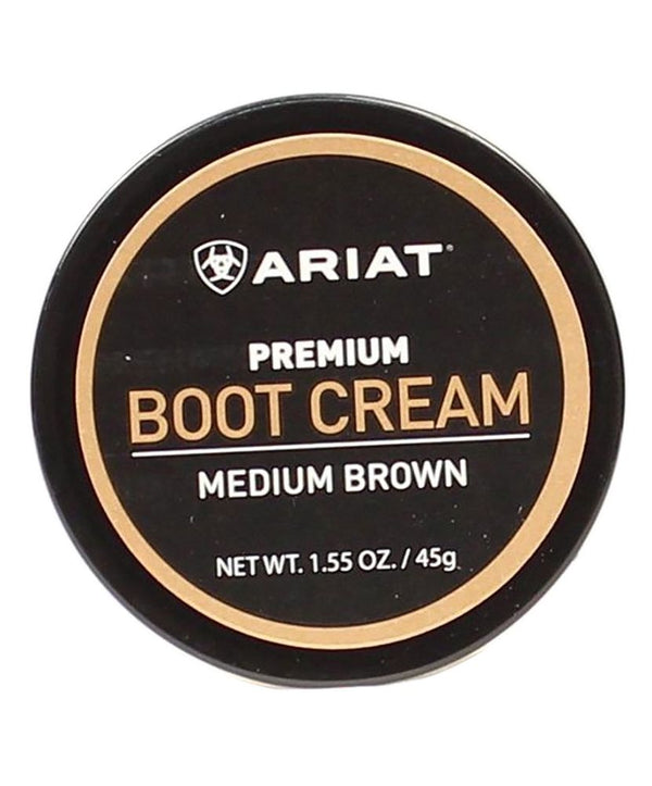 A container of Ariat premium medium brown boot cream. Front view.