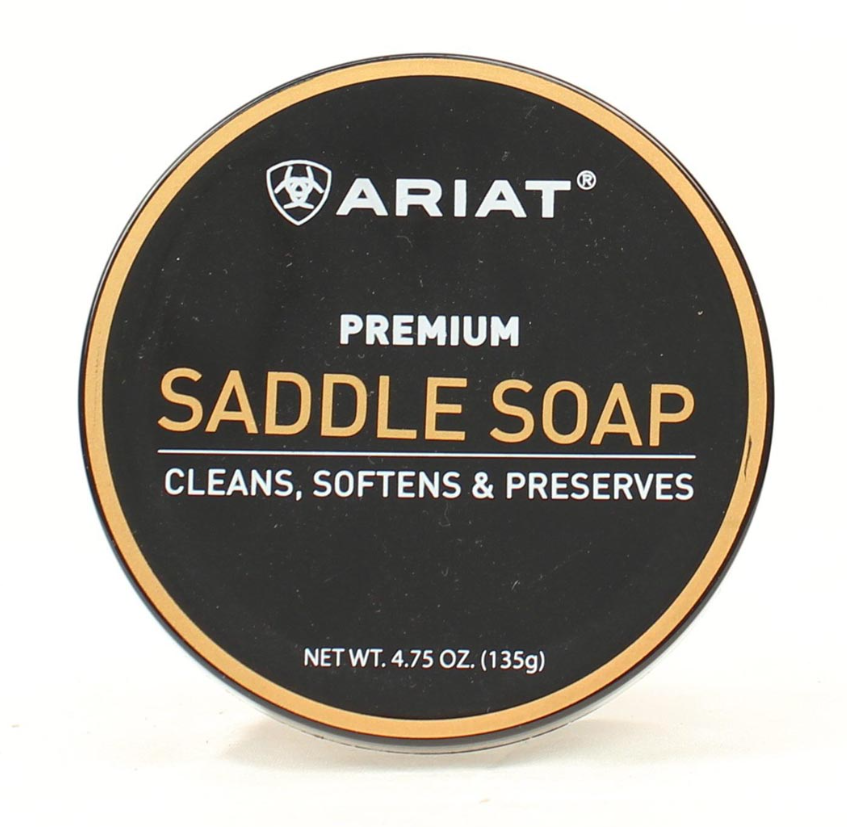 Ariat Premium Saddle Soap in a 4.75 oz  round metal container. It cleans, softens, and preserves leather.