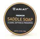Ariat Premium Saddle Soap in a 4.75 oz  round metal container. It cleans, softens, and preserves leather.