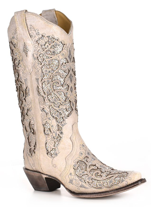 Women's Corral A3322 13" White Glitter Inlay & Crystals Snip Toe (SHOP IN-STORES TOO)