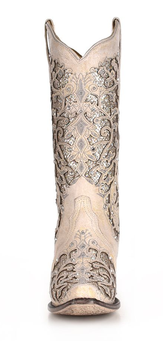 Women's white glitter inlay and crystals snip toe cowboy boots with embroidery detail. Front View 