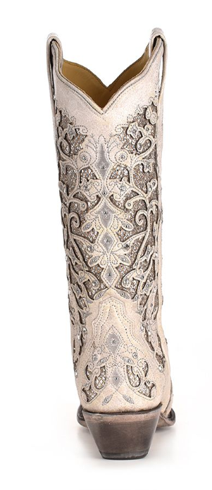 Women's white glitter inlay and crystals snip toe cowboy boots with embroidery detail. Rear View 
