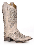 Women's Corral  off-white boot with white glitter leather inlay on vamp and shaft, clear crystals as accents, narrow square toe, and a low heel. Right side angled view.