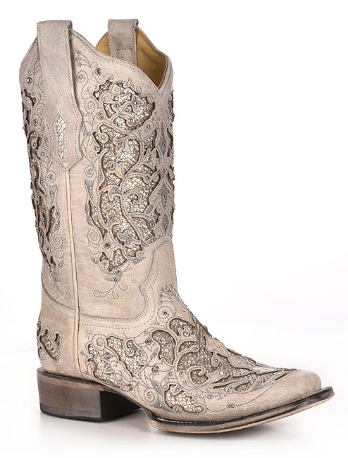 Women's Corral A3397 12" White Glitter Inlay & Crystals Square Toe (SHOP IN-STORE TOO)