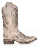 Women's Corral  off-white boot with white glitter leather inlay on vamp and shaft, clear crystals as accents, narrow square toe, and a low heel. Right side view.