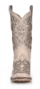 Women's Corral  off-white boot with white glitter leather inlay on vamp and shaft, clear crystals as accents, narrow square toe, and a low heel. Full front view.