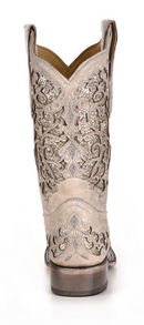 Women's Corral  off-white boot with white glitter leather inlay on vamp and shaft, clear crystals as accents, narrow square toe, and a low heel. Full back view.