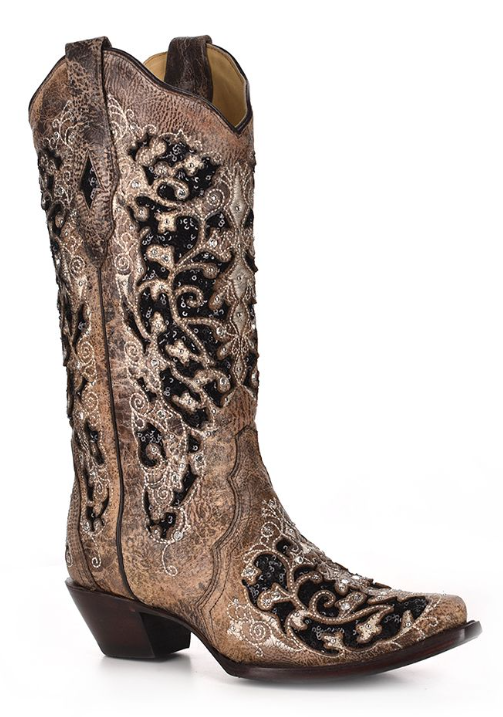 Women's Corral A3569 13" Brown Boots with Black Sequin Inlay Snip Toe (SHOP IN-STORES TOO)