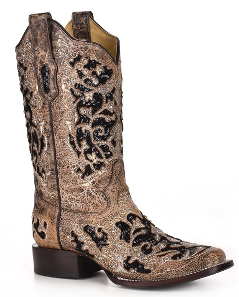 Women's Corral A3648 12" Brown Inlay & Flowered Embroidery & Studs/Crystals Square Toe (SHOP IN-STORE TOO)