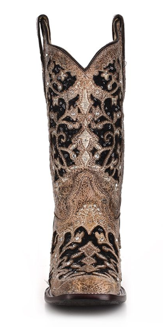 Women's Corral A3648 12" Brown Inlay & Flowered Embroidery & Studs/Crystals Square Toe (SHOP IN-STORE TOO)