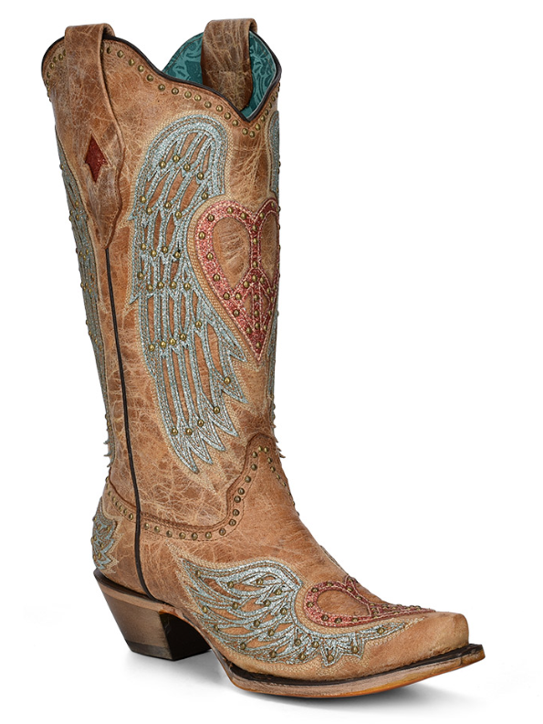 Women's Corral A4235 13" Sand Heart & Wings Overlay/Embroidery/Studs Snip Toe (SHOP IN-STORE TOO)