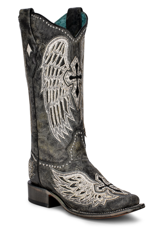 Women's Corral A4243 13" Black Cross & Wings Overlay/Embroidery/Studs Small Square Toe (SHOP IN-STORE TOO)