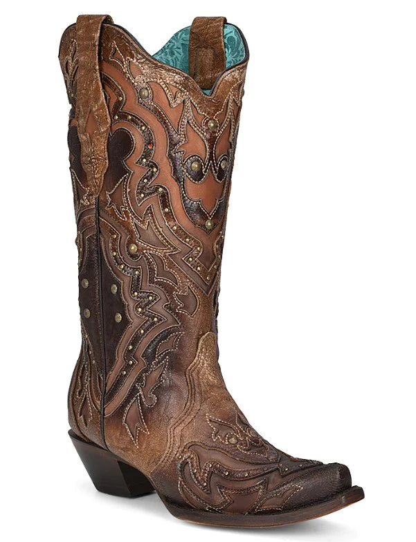 Women's Corral A4283 Brown Inlay and Embroidered Studded Snip Toe Boots *Closeout*
