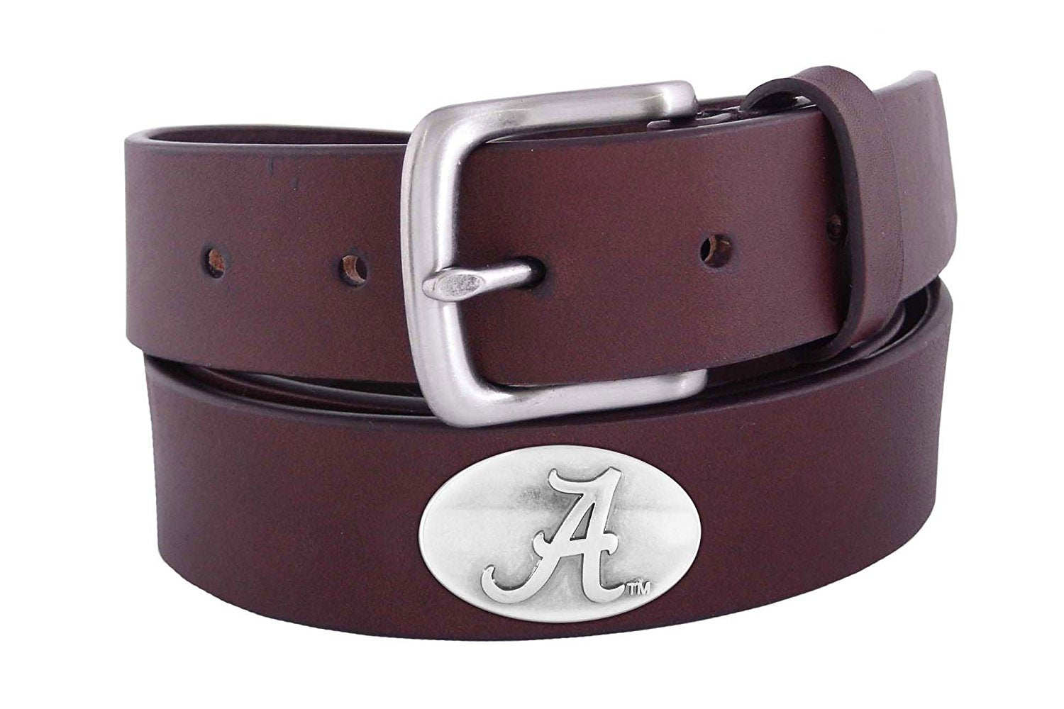 A Zep-Pro brown leather belt rolled up to show a silver metal buckle and an oval Alabama logo "A" silver tone concho. 