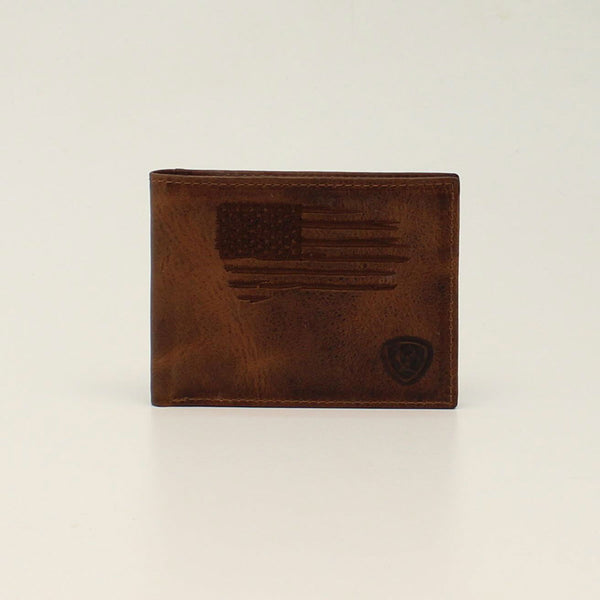 Ariat A3545602 Bifold Distressed Stitch USA Flag Shield Logo Wallet