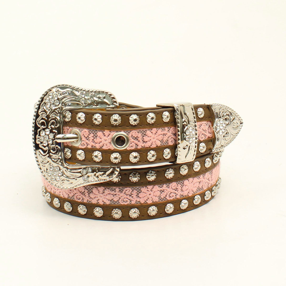 Girls' belt features a beautiful floral laced center with brown edges and silver studs. The floral etched silver tone buckle has rhinestones for plenty of sparkle and is removable.