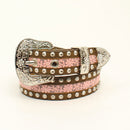 Girls' belt features a beautiful floral laced center with brown edges and silver studs. The floral etched silver tone buckle has rhinestones for plenty of sparkle and is removable.